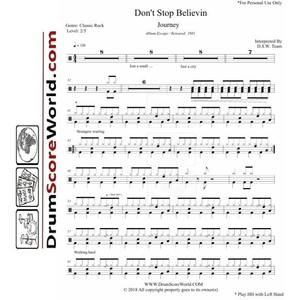 Journey - Don't Stop Believin' – Drum Sheet + Play-Along Track